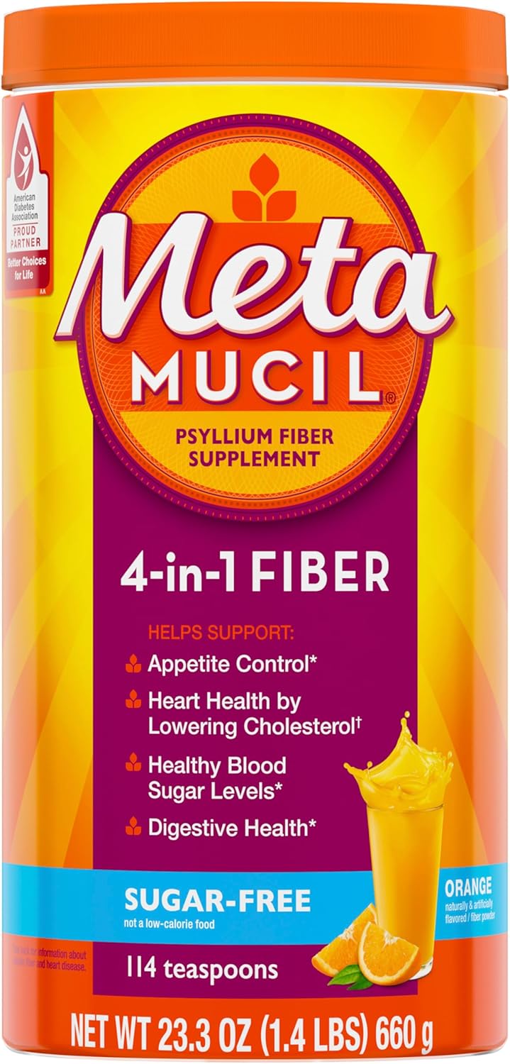 Sugar-Free Metamucil 4 in 1 Daily Fiber Supplement Powder with Orange Flavor - 114 Teaspoons of Psyllium Fiber for Digestive Health and Regularity