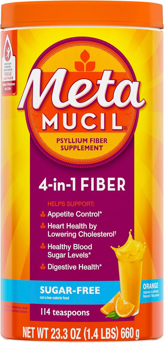 Sugar-Free Metamucil 4 in 1 Daily Fiber Supplement Powder with Orange Flavor - 114 Teaspoons of Psyllium Fiber for Digestive Health and Regularity