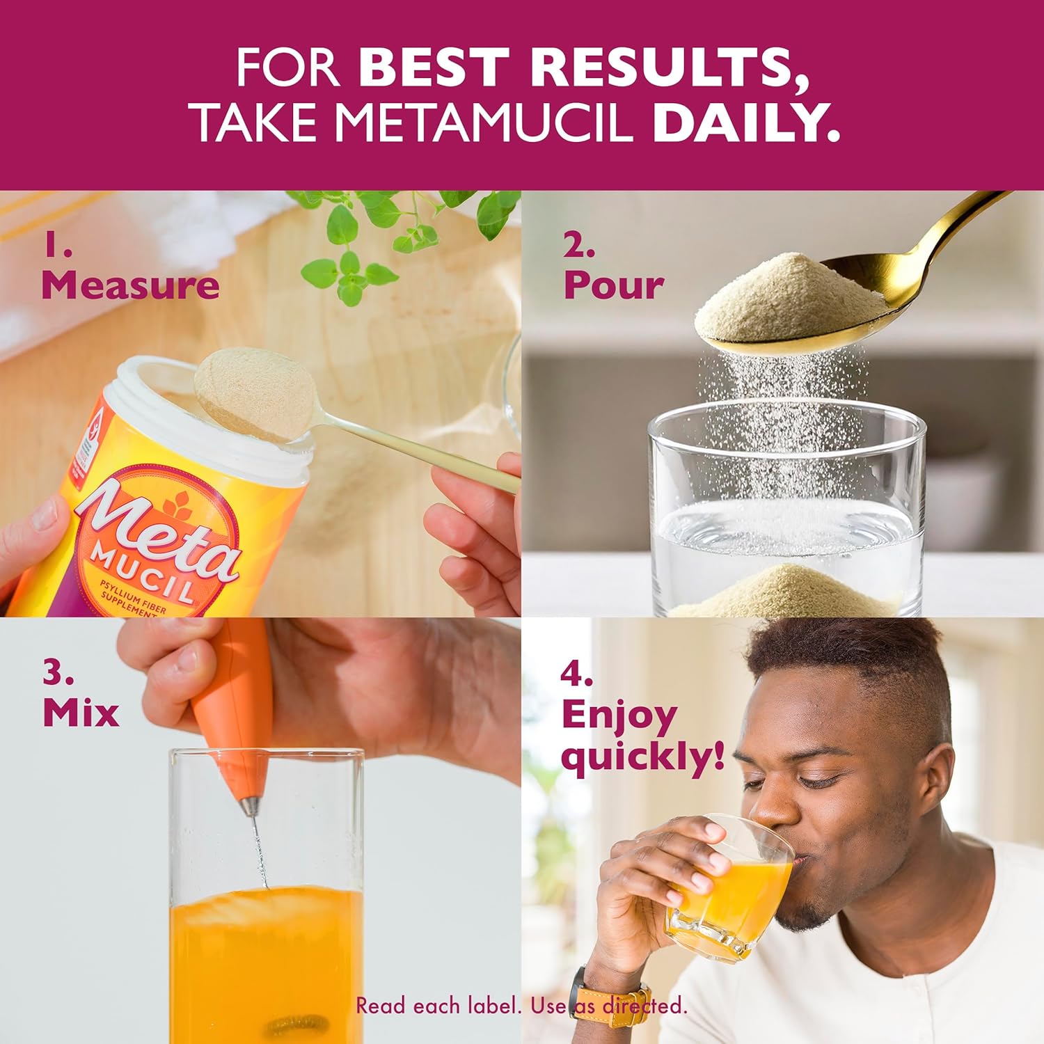 Sugar-Free Metamucil 4 in 1 Daily Fiber Supplement Powder with Orange Flavor - 114 Teaspoons of Psyllium Fiber for Digestive Health and Regularity