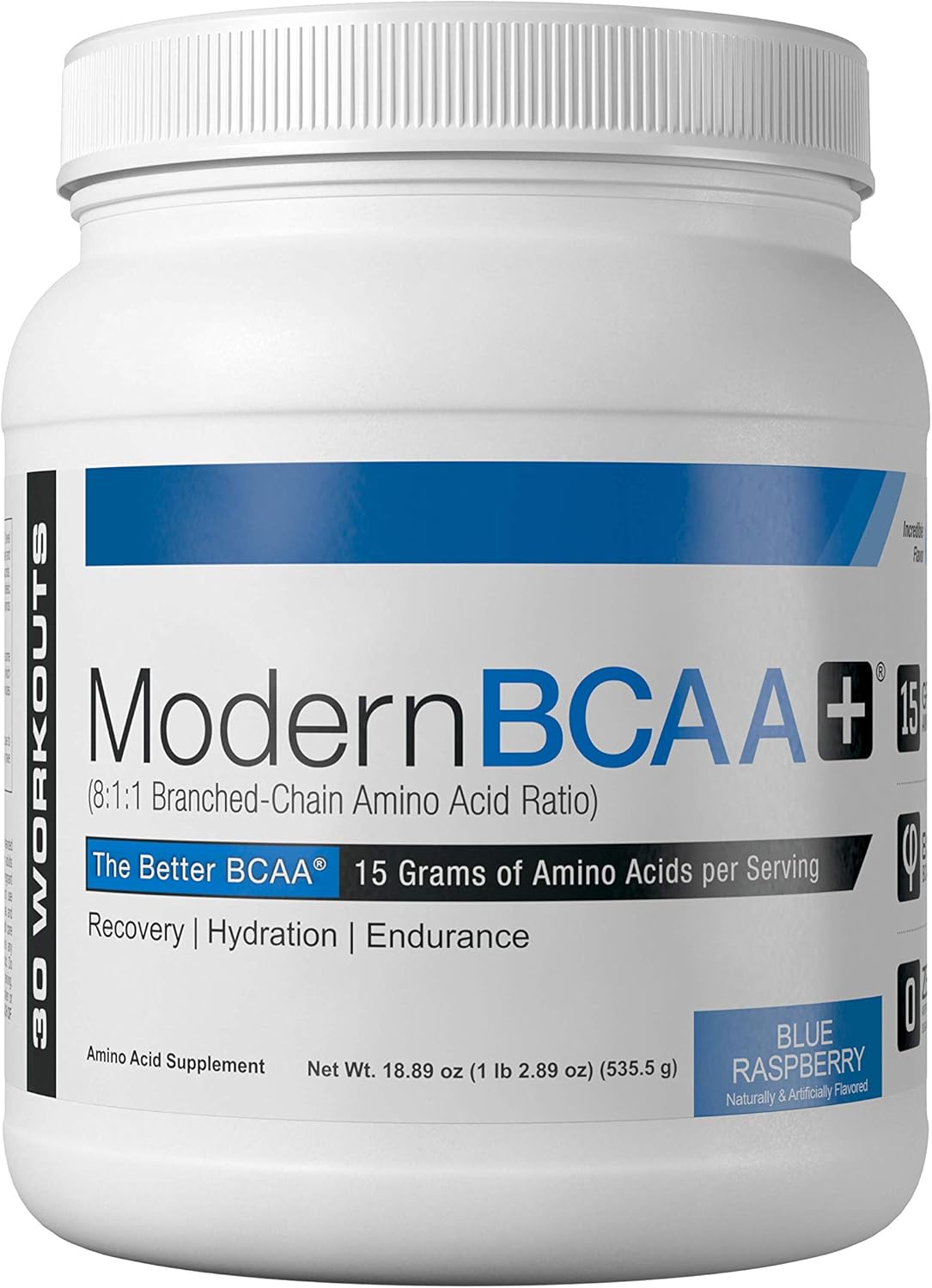 Sugar-Free Modern BCAA Powder for Post-Workout Muscle Recovery - 15g Amino Acids - 8:1:1 BCAA Ratio - Blue Raspberry - 30 Servings.