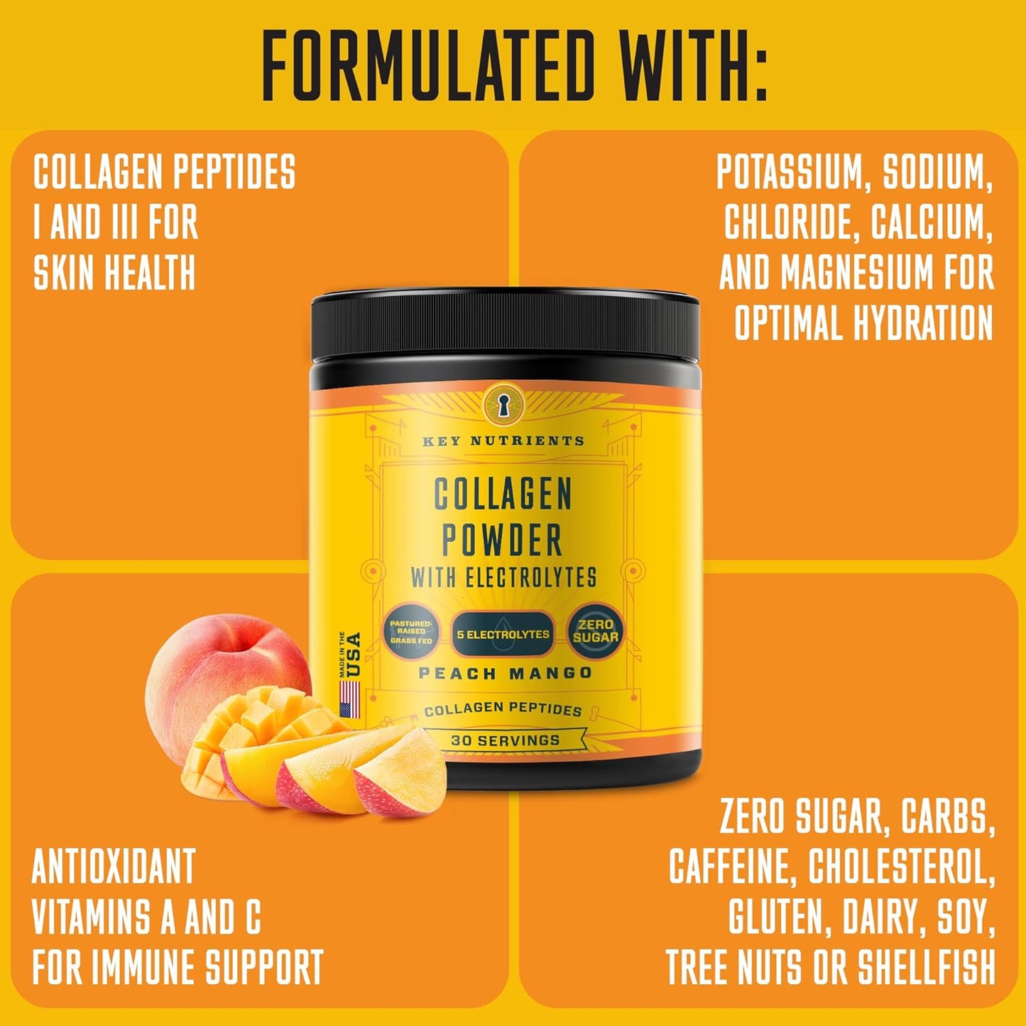 Sugar-Free Multivitamin Electrolytes Powder with Collagen Peptides for Energy and Hydration - No Calories - Made in USA