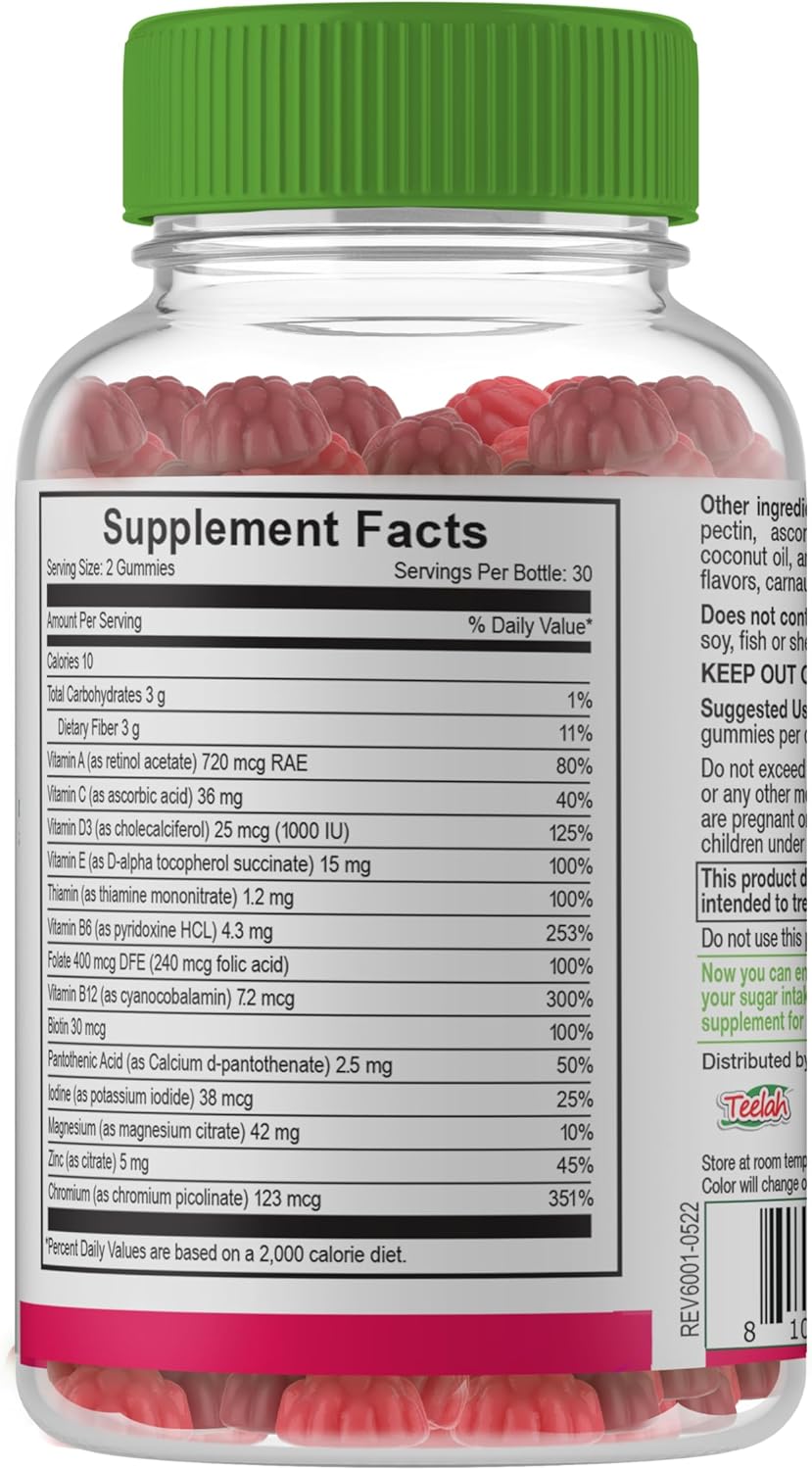 Sugar-Free Multivitamin Gummies for Women & Men - Raspberry Flavor Chewables with Chromium, Thiamine, & Magnesium - 120 Count