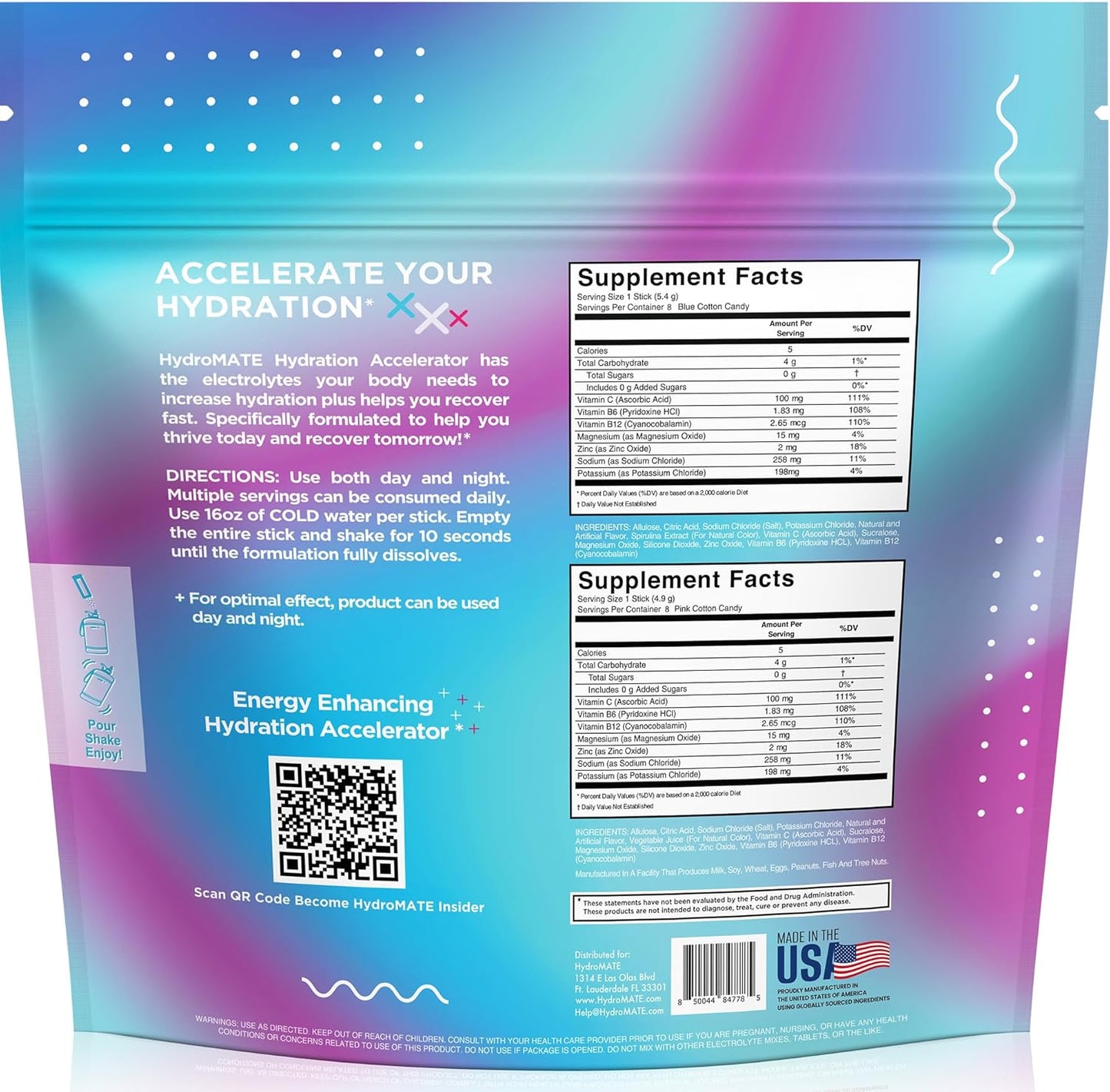 Sugar-Free NatureWorks HydroMATE Electrolytes Powder - Cotton Candy Flavor, 16 Sticks with Vitamin C for Instant Hydration and Energy Boost - Ideal for Keto Diet and Post-Party Recovery