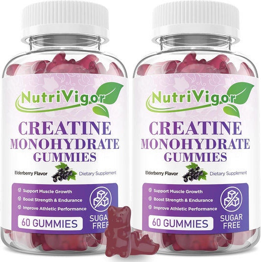 Sugar-Free NutriVigor Creatine Monohydrate Gummies Elderberry Flavor 120 Count - Gluten-Free Pre-Workout Supplement for Muscle Growth & Recovery in Men & Women