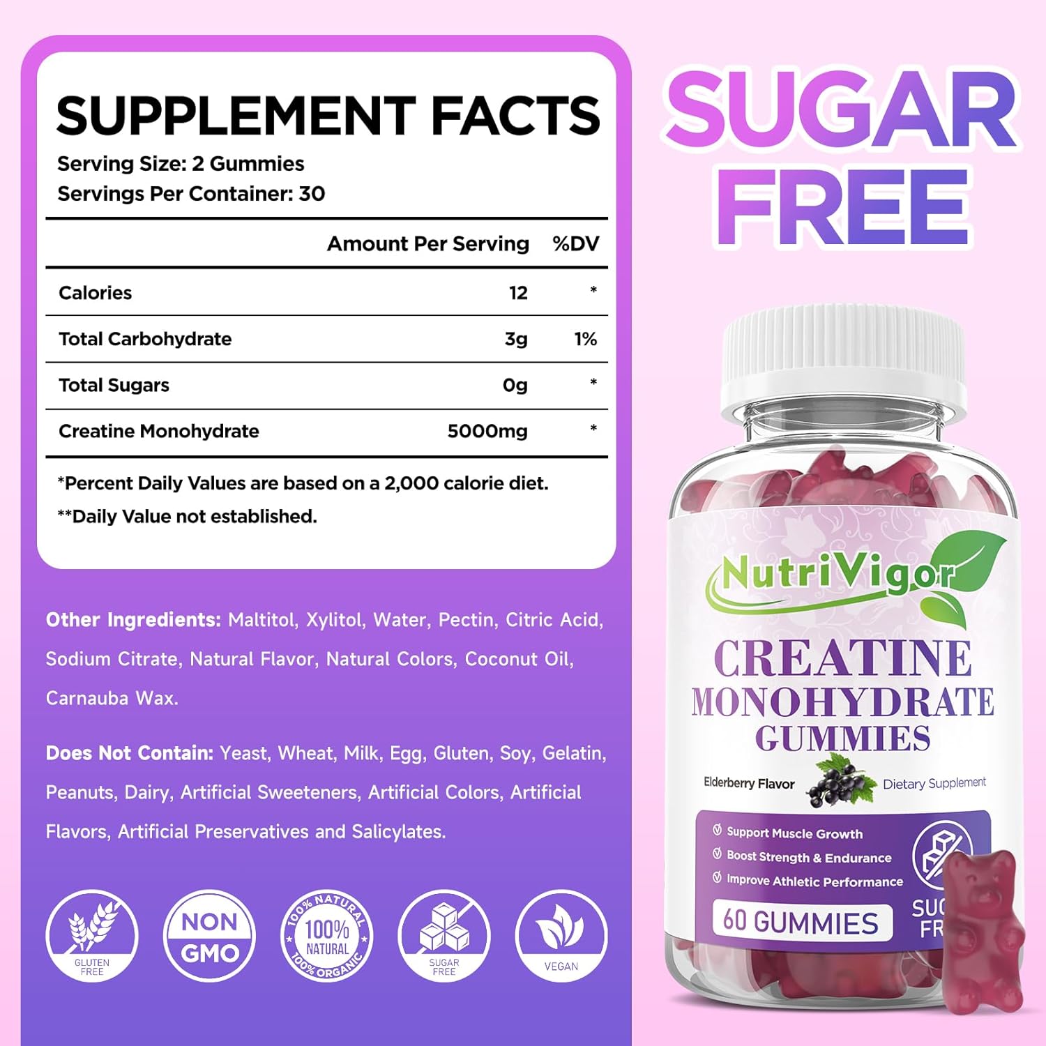 Sugar-Free NutriVigor Creatine Monohydrate Gummies Elderberry Flavor 120 Count - Gluten-Free Pre-Workout Supplement for Muscle Growth & Recovery in Men & Women