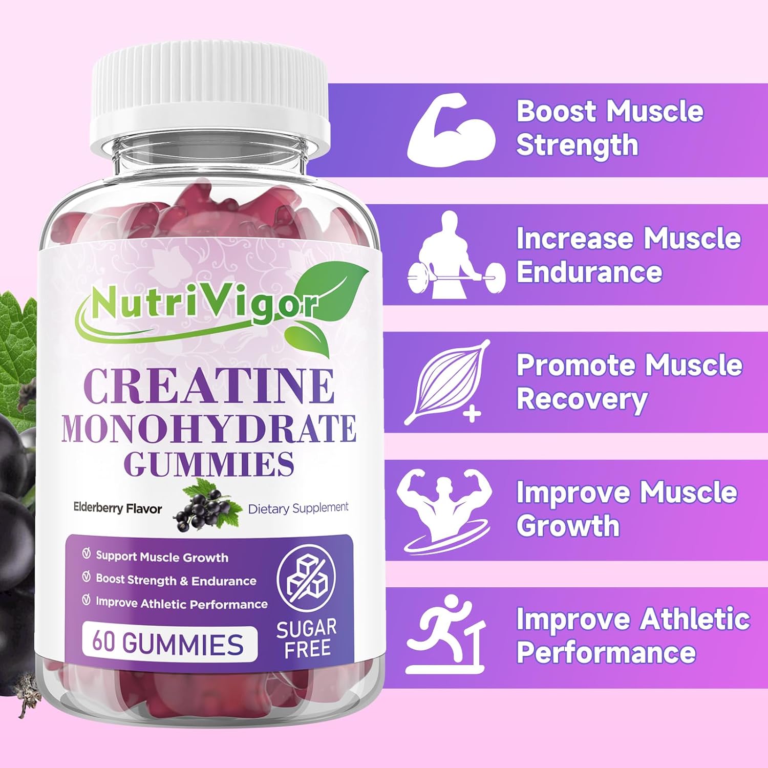 Sugar-Free NutriVigor Creatine Monohydrate Gummies Elderberry Flavor 120 Count - Gluten-Free Pre-Workout Supplement for Muscle Growth & Recovery in Men & Women