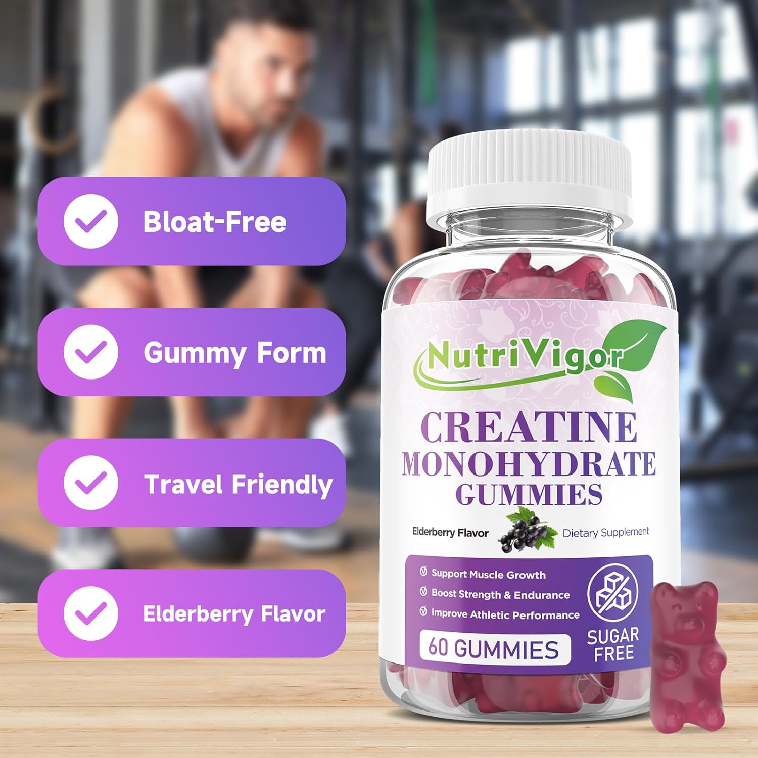Sugar-Free NutriVigor Creatine Monohydrate Gummies Elderberry Flavor 120 Count - Gluten-Free Pre-Workout Supplement for Muscle Growth & Recovery in Men & Women