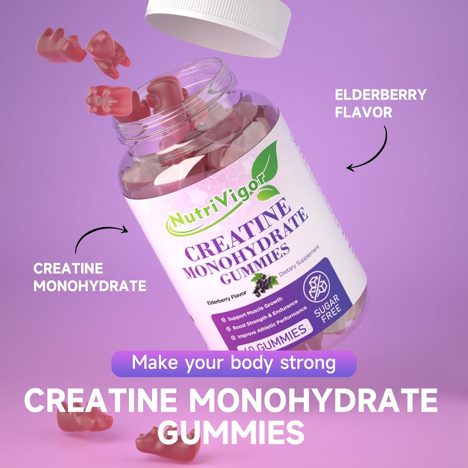 Sugar-Free NutriVigor Creatine Monohydrate Gummies Elderberry Flavor 120 Count - Gluten-Free Pre-Workout Supplement for Muscle Growth & Recovery in Men & Women
