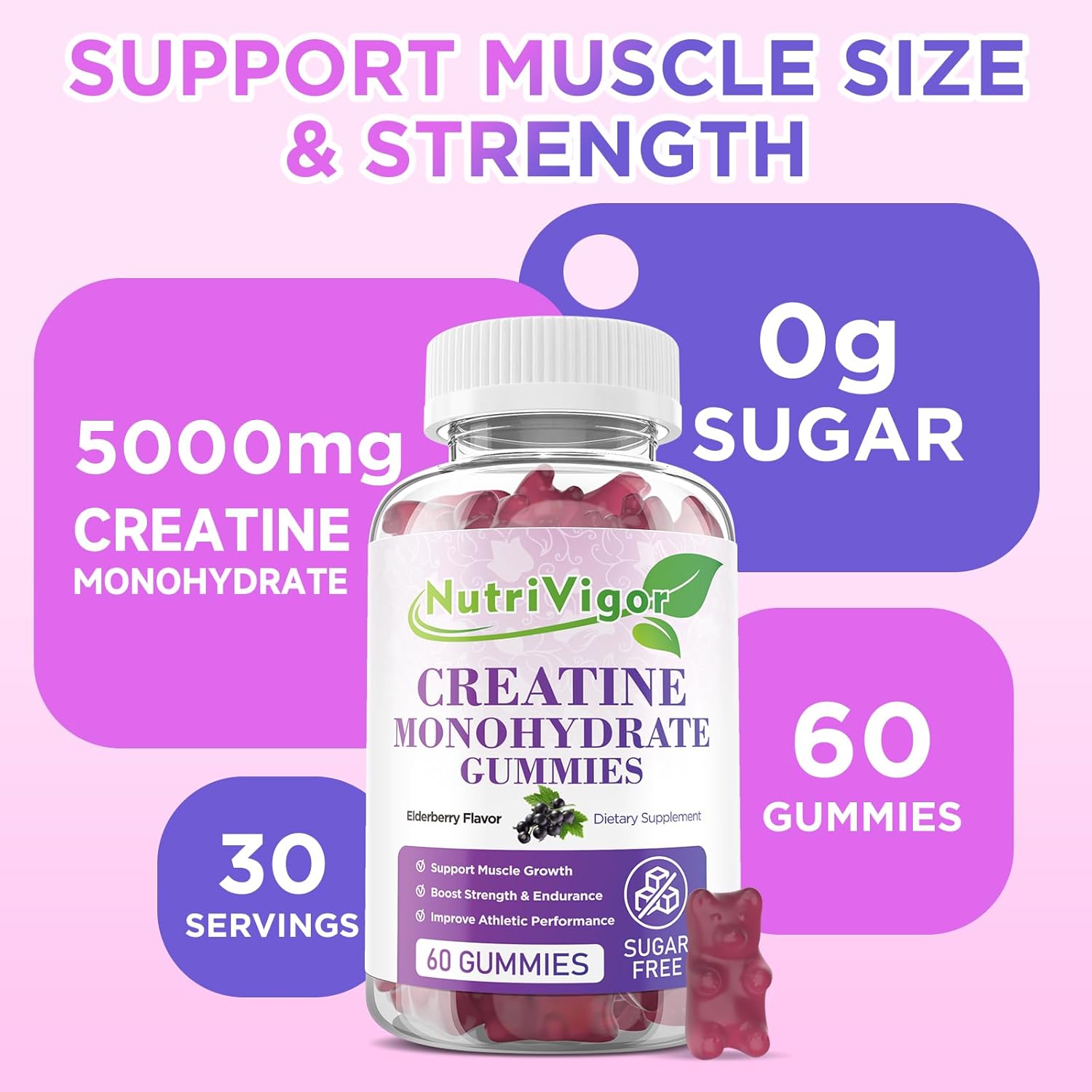 Sugar-Free NutriVigor Creatine Monohydrate Gummies Elderberry Flavor 120 Count - Gluten-Free Pre-Workout Supplement for Muscle Growth & Recovery in Men & Women