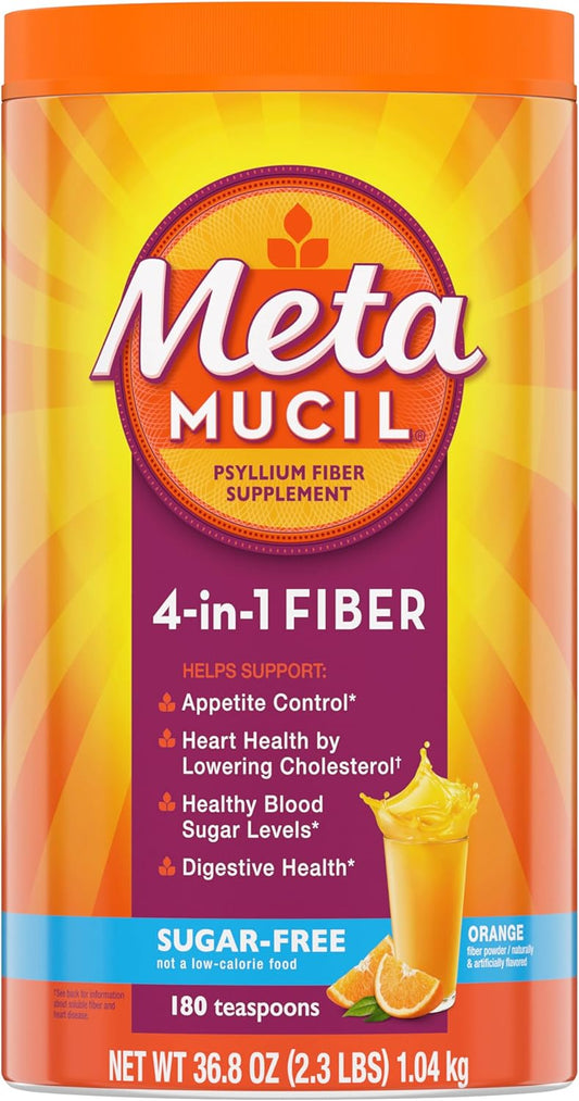 Sugar-Free Orange Metamucil Powder: 4 in 1 Daily Fiber Supplement for Digestive Health & Regularity - 180 Teaspoons