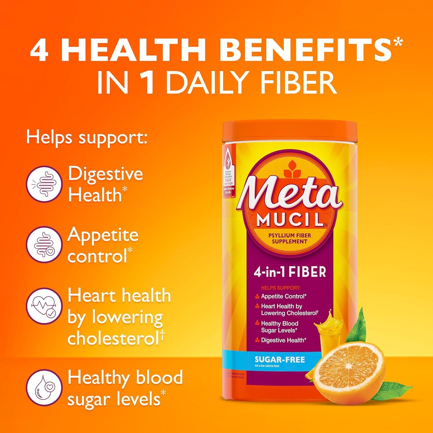 Sugar-Free Orange Metamucil Powder: 4 in 1 Daily Fiber Supplement for Digestive Health & Regularity - 180 Teaspoons