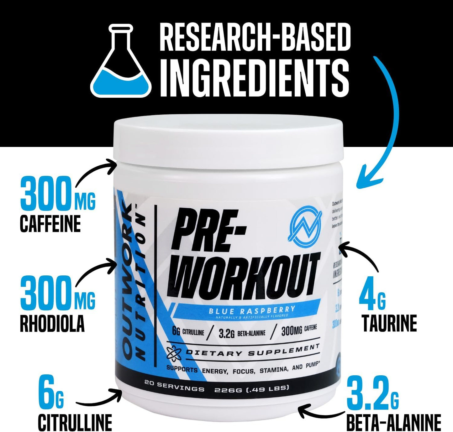 Sugar-Free Outwork Nutrition Pre-Workout Powder for Men and Women - No Creatine, Nootropics, Citrulline Malate, Beta Alanine - Science-Backed Formula (Blue Raspberry)