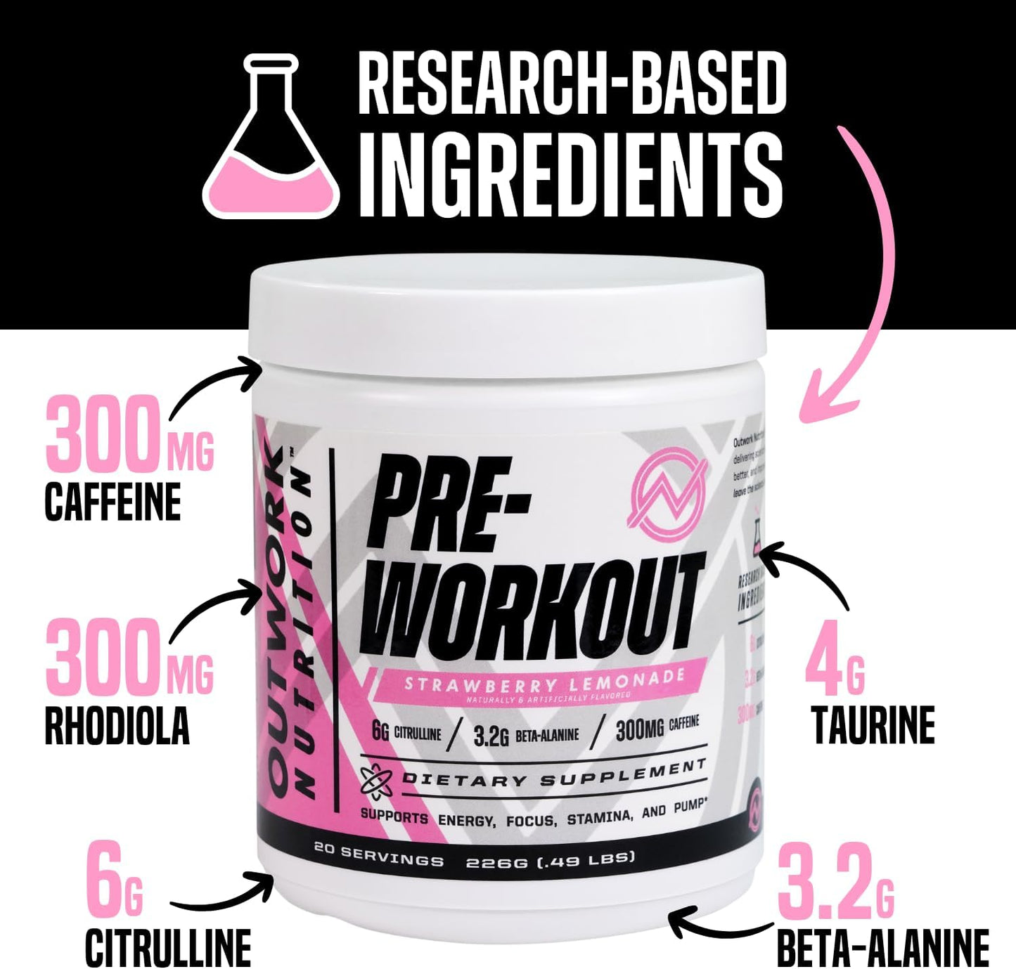 Sugar-Free Outwork Nutrition Pre-Workout Powder for Men & Women - No Creatine, with Nootropics, Citrulline Malate, Beta Alanine - Strawberry Lemonade Flavor, Science-Backed Formula