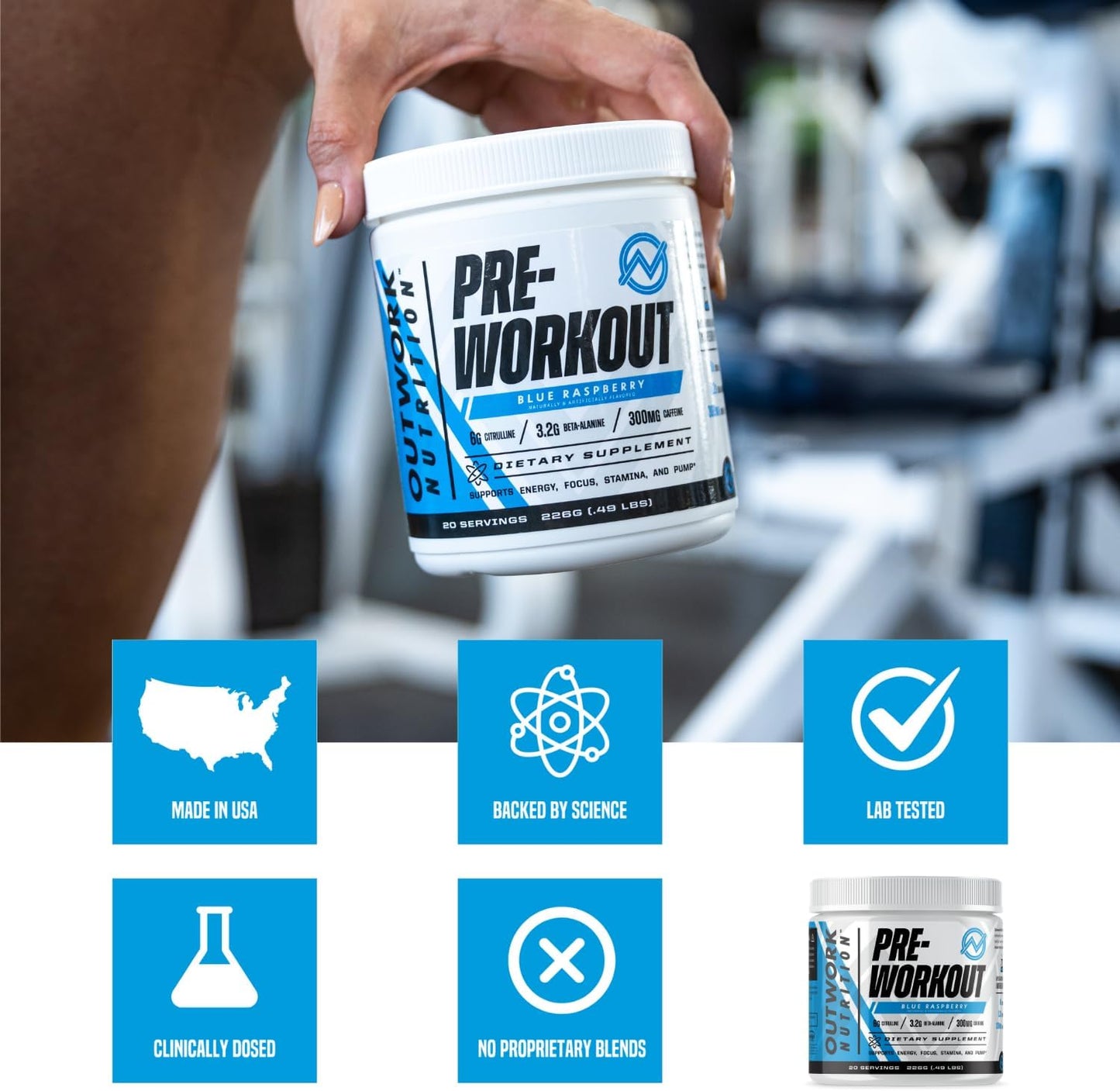 Sugar-Free Outwork Nutrition Pre-Workout Powder for Men and Women - No Creatine, Nootropics, Citrulline Malate, Beta Alanine - Science-Backed Formula (Blue Raspberry)