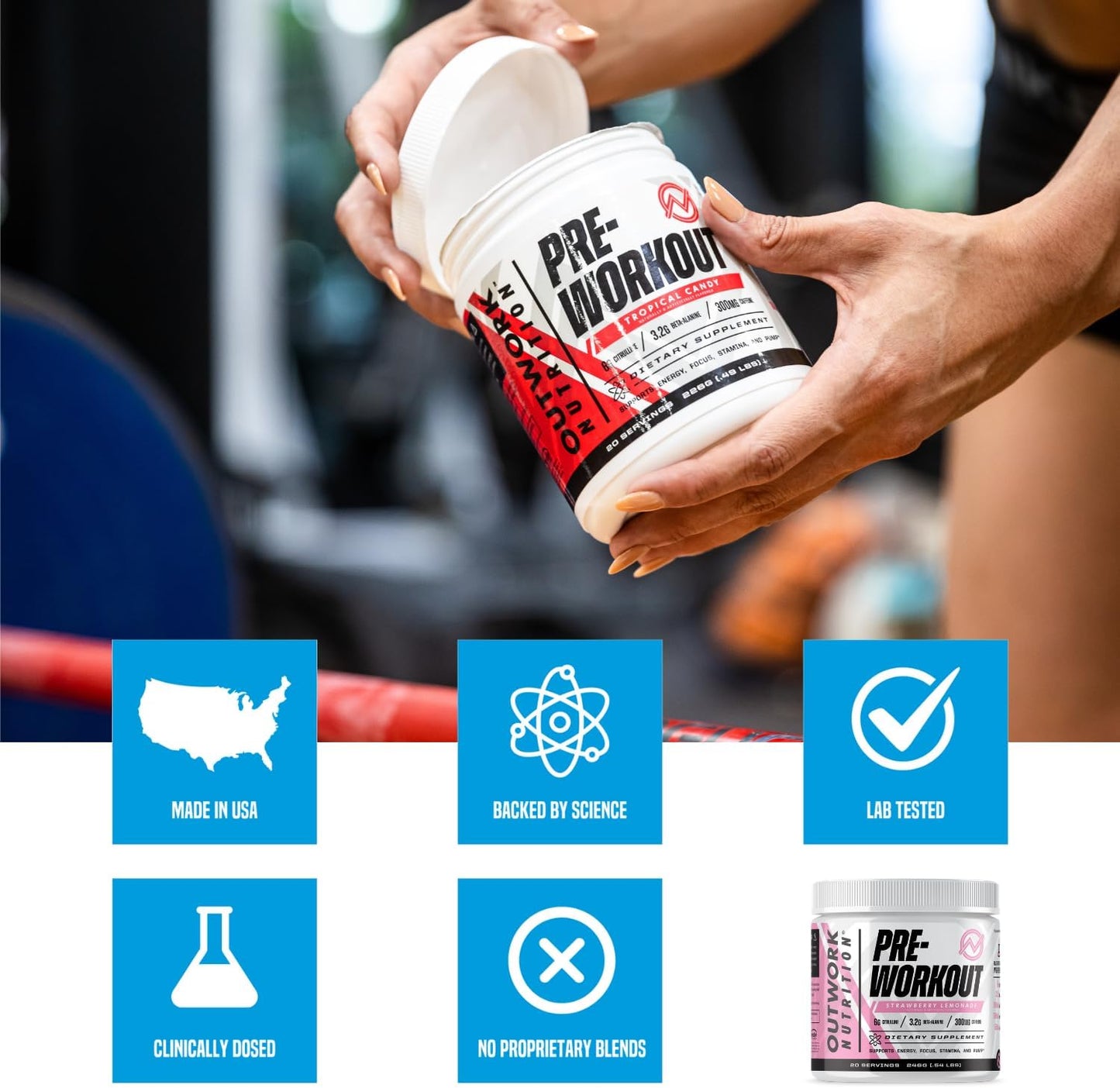 Sugar-Free Outwork Nutrition Pre-Workout Powder for Men & Women - No Creatine, with Nootropics, Citrulline Malate, Beta Alanine - Strawberry Lemonade Flavor, Science-Backed Formula