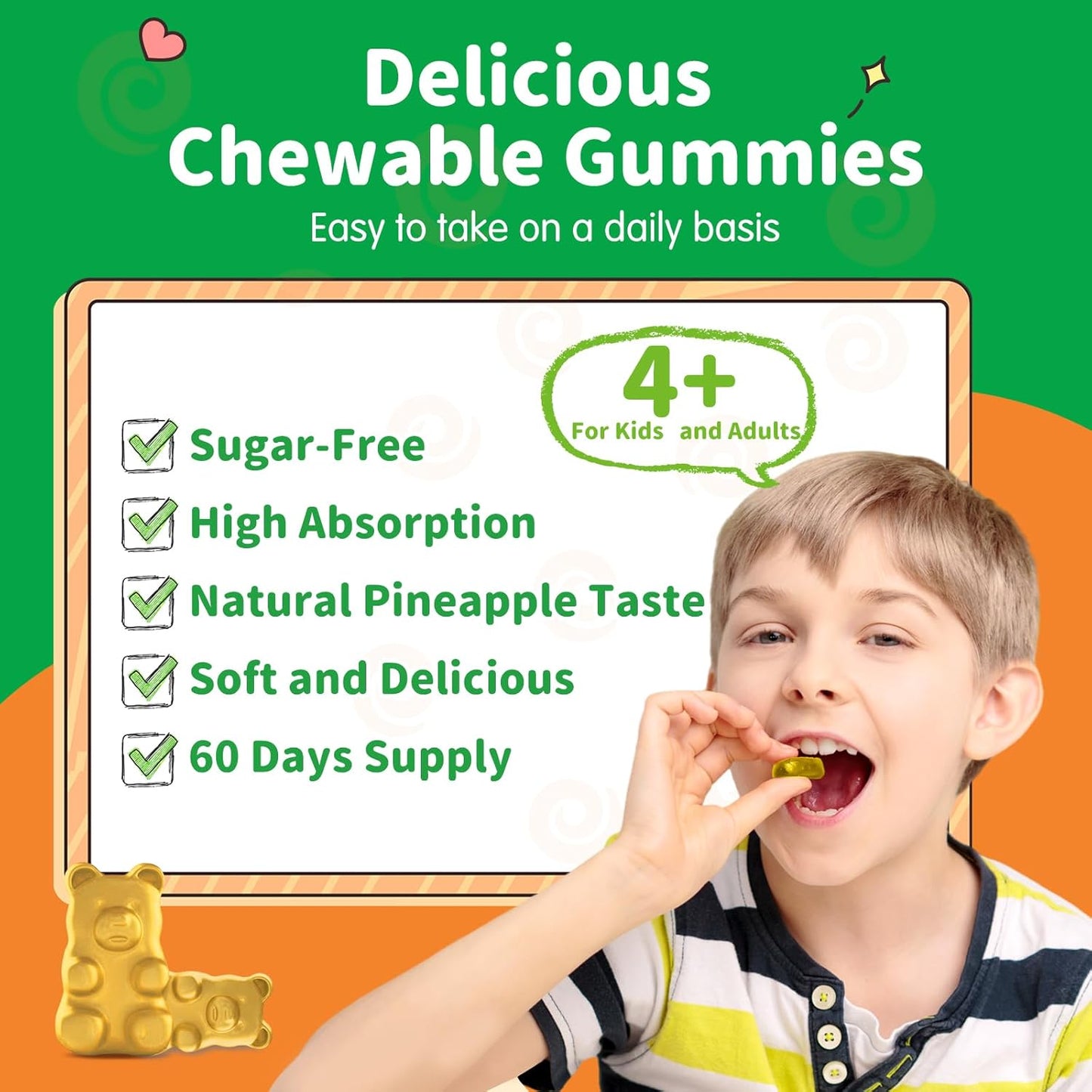 Sugar-Free Pineapple Magnesium Gummies with L-Theanine, Vitamin B6, D3 for Kids & Adults - Calm, Sleep, Relaxation, Brain & Bone Support - 60ct