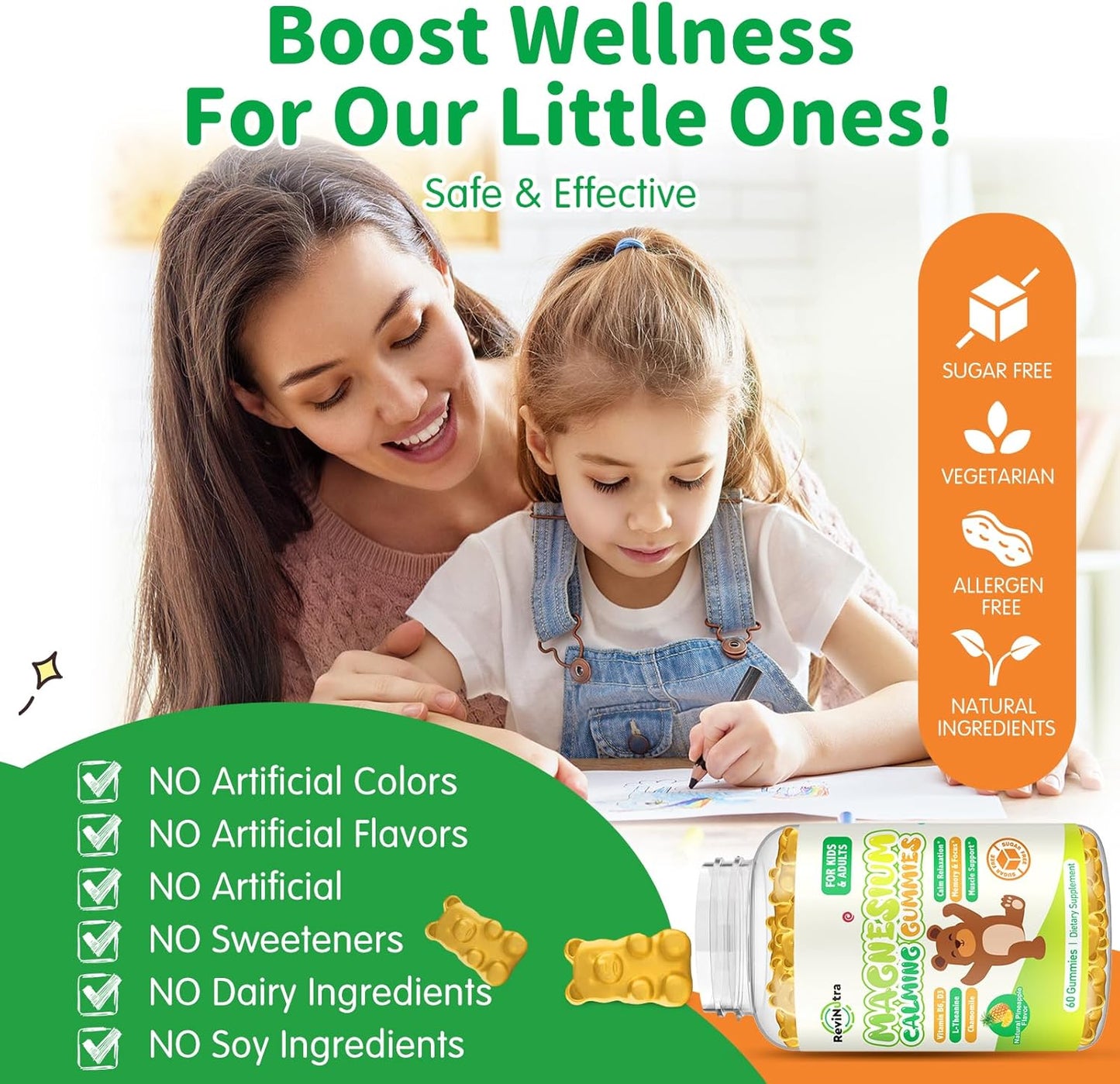 Sugar-Free Pineapple Magnesium Gummies with L-Theanine, Vitamin B6, D3 for Kids & Adults - Calm, Sleep, Relaxation, Brain & Bone Support - 60ct