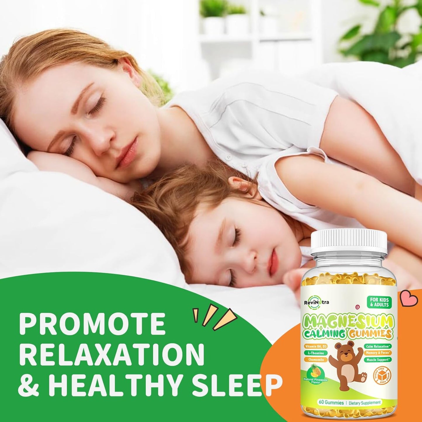 Sugar-Free Pineapple Magnesium Gummies with L-Theanine, Vitamin B6, D3 for Kids & Adults - Calm, Sleep, Relaxation, Brain & Bone Support - 60ct
