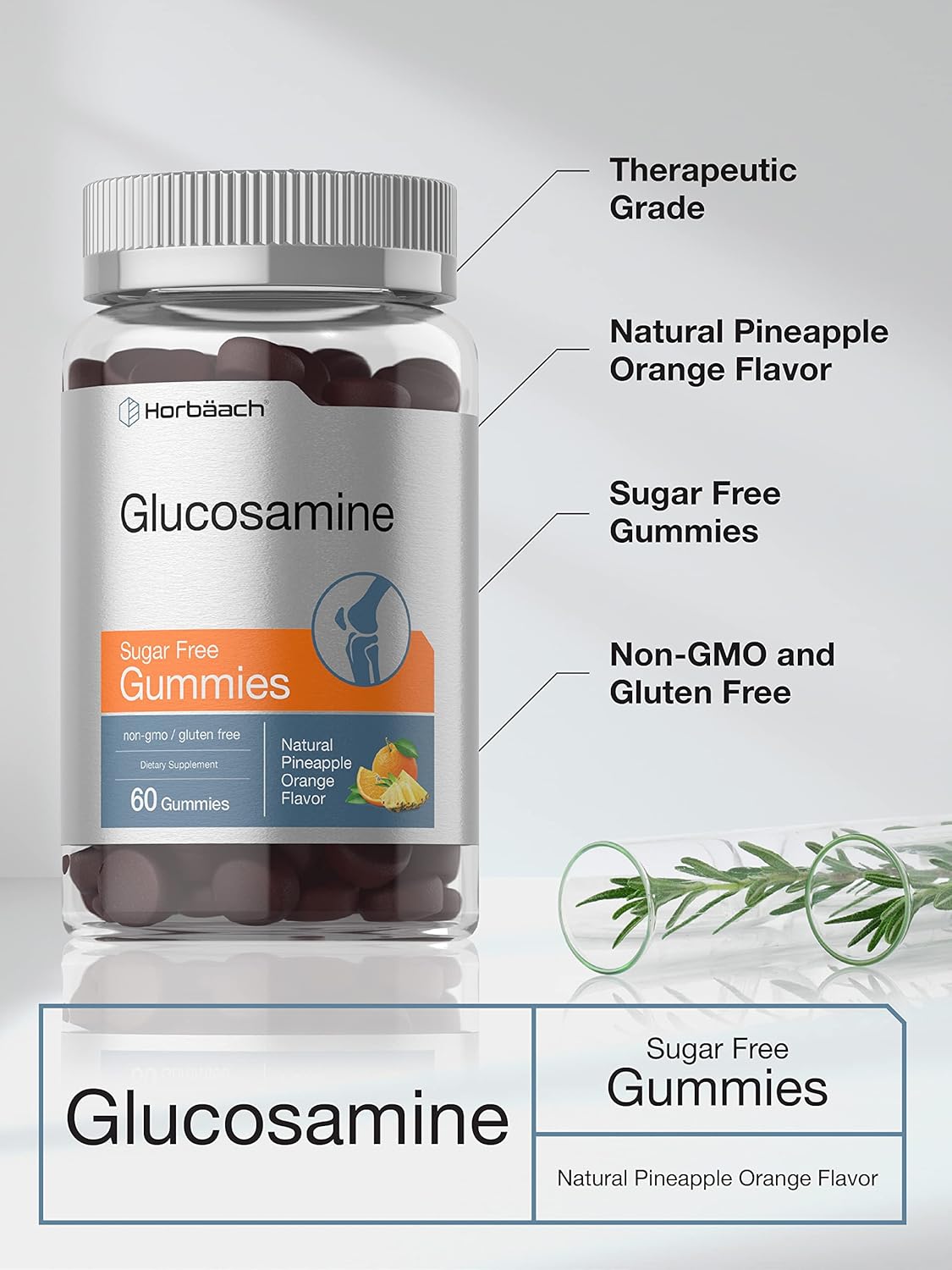 Sugar-Free Pineapple Orange Flavored Glucosamine Gummies - 60 Count, Non-GMO & Gluten-Free Supplement by Horbäach