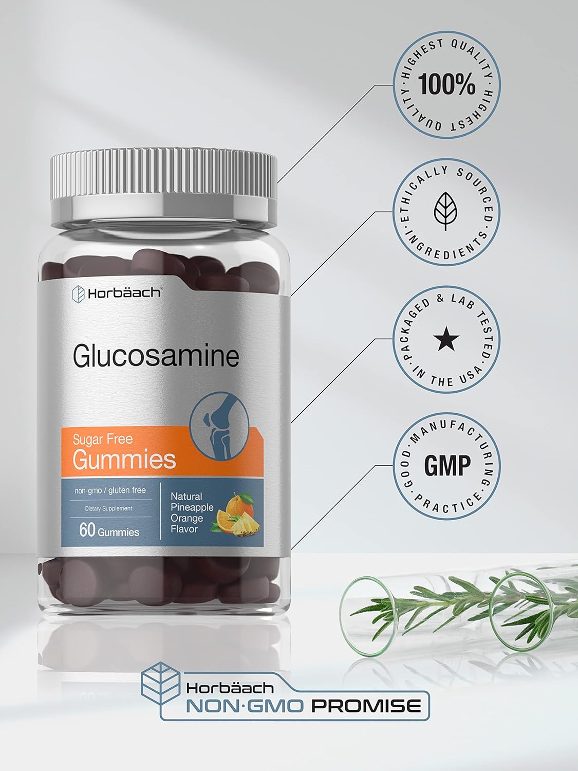 Sugar-Free Pineapple Orange Flavored Glucosamine Gummies - 60 Count, Non-GMO & Gluten-Free Supplement by Horbäach