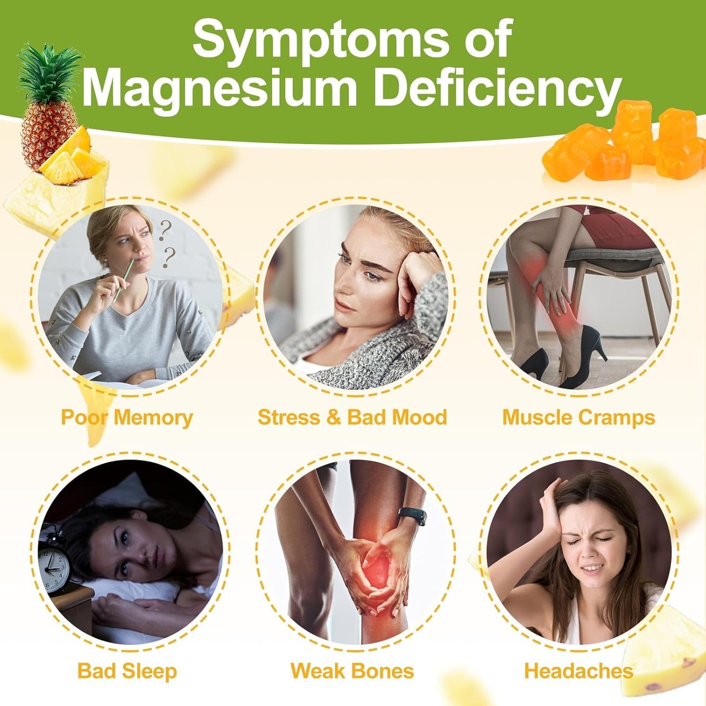 Sugar-Free Potassium Magnesium Gummies - 90 CT Supplement for Adults & Kids - Pineapple Flavor - Promotes Heart & Muscle Health - 99mg Potassium, 400mg Magnesium Citrate - Helps with Leg Cramps