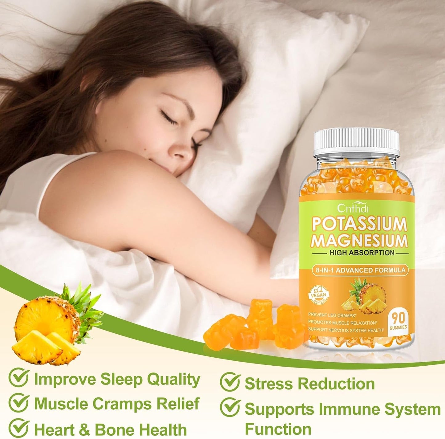 Sugar-Free Potassium Magnesium Gummies - 90 CT Supplement for Adults & Kids - Pineapple Flavor - Promotes Heart & Muscle Health - 99mg Potassium, 400mg Magnesium Citrate - Helps with Leg Cramps