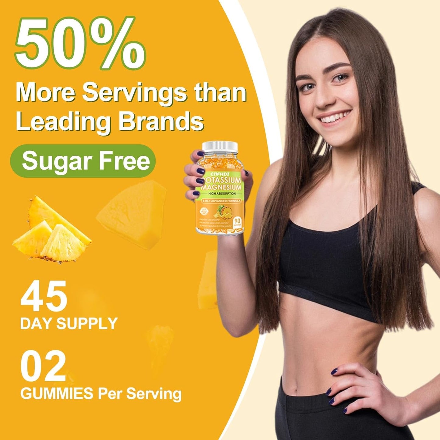 Sugar-Free Potassium Magnesium Gummies - 90 CT Supplement for Adults & Kids - Pineapple Flavor - Promotes Heart & Muscle Health - 99mg Potassium, 400mg Magnesium Citrate - Helps with Leg Cramps