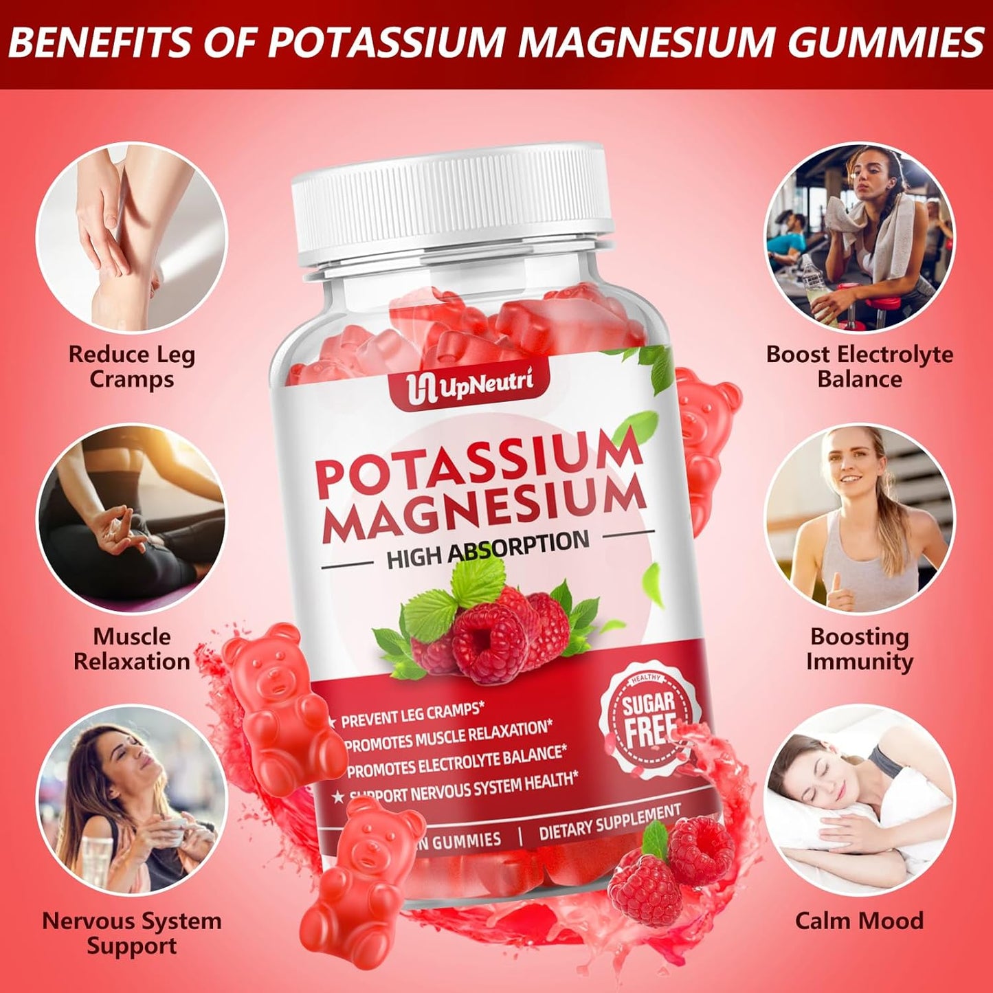 Sugar-Free Potassium Magnesium Gummies for Muscle, Heart Health - Vegan Raspberry Flavor - 60 Count