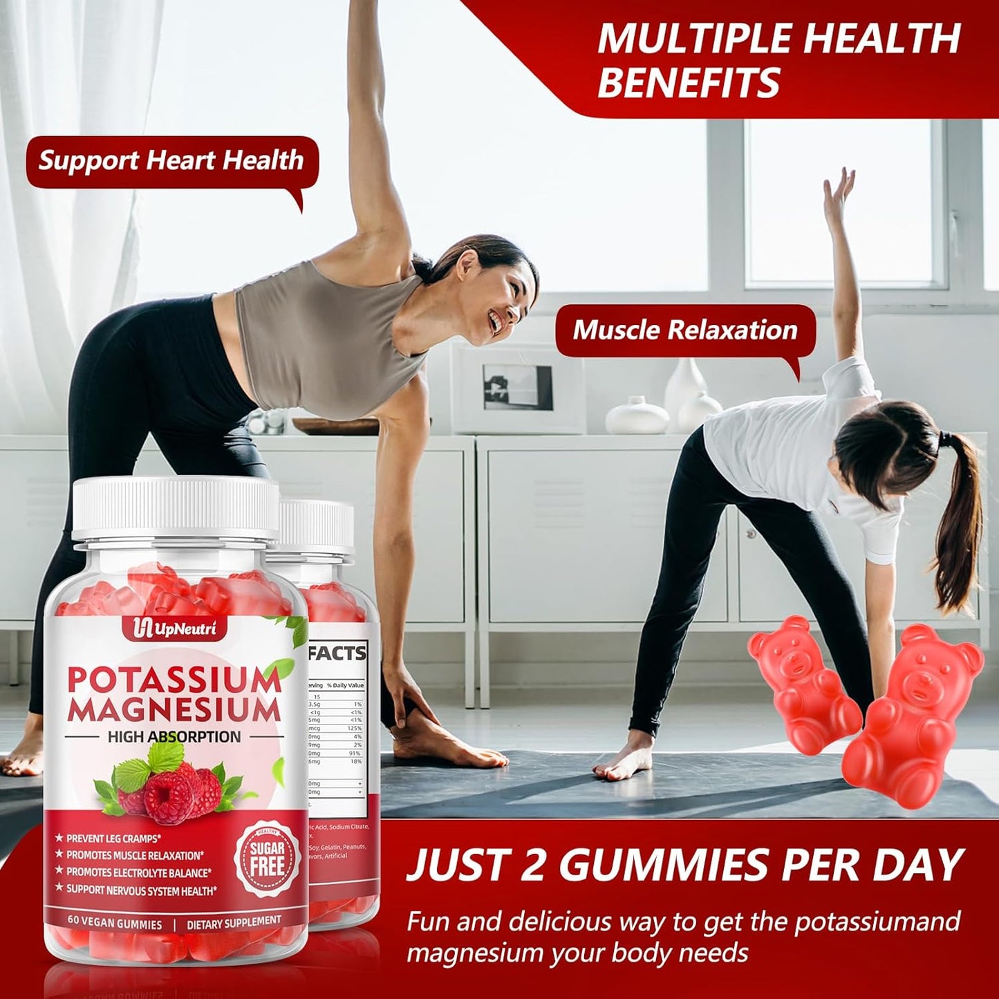 Sugar-Free Potassium Magnesium Gummies for Muscle, Heart Health - Vegan Raspberry Flavor - 60 Count