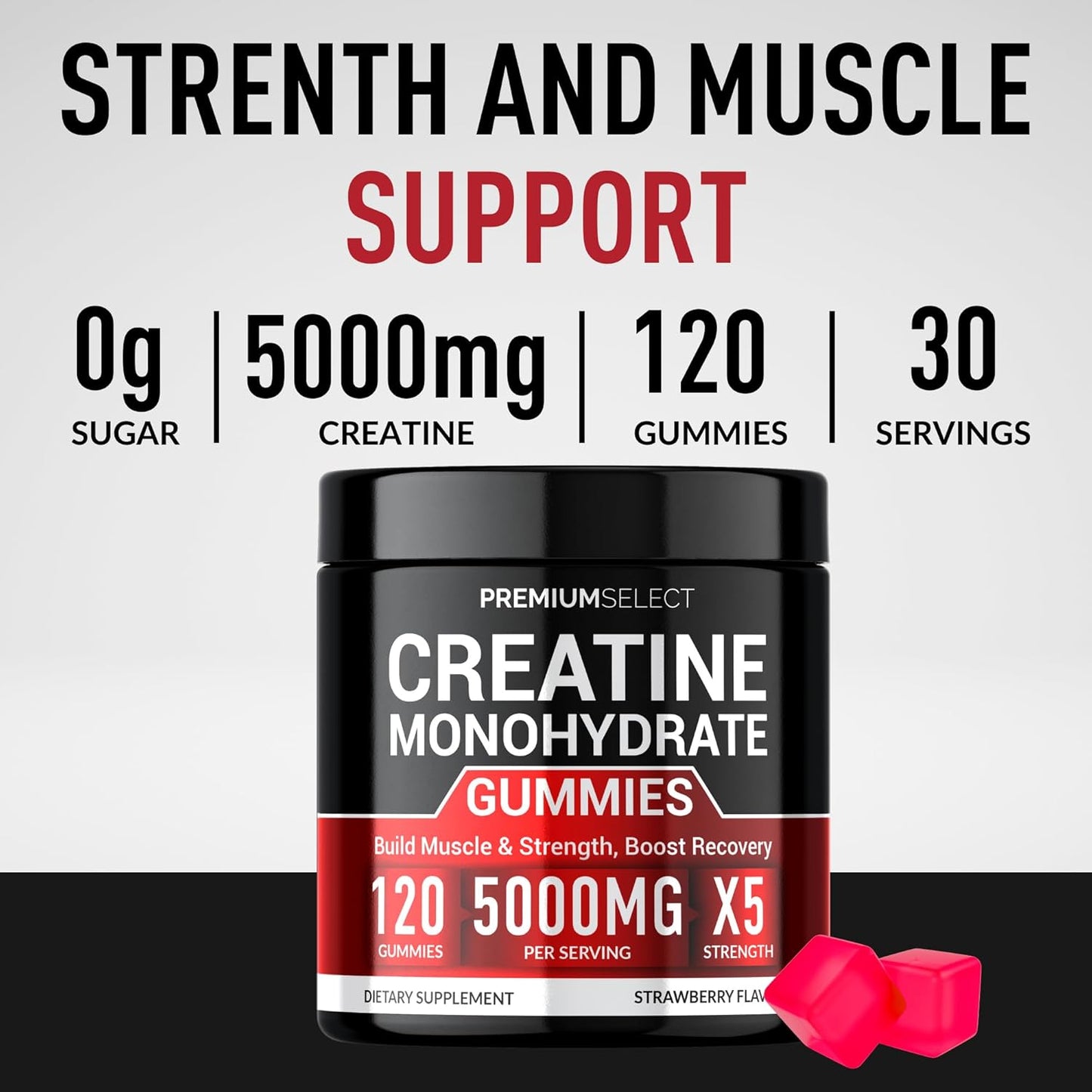Sugar-Free Premium Creatine Gummies - 120 Chewable Monohydrate Gummies for Muscle Strength, Energy Boost, and Recovery - Men & Women's Muscle Builder and Pre-Workout Supplement