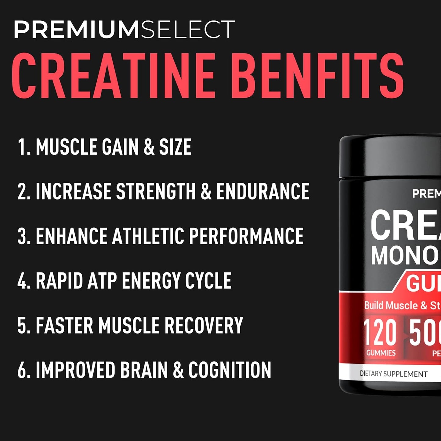Sugar-Free Premium Creatine Gummies - 120 Chewable Monohydrate Gummies for Muscle Strength, Energy Boost, and Recovery - Men & Women's Muscle Builder and Pre-Workout Supplement