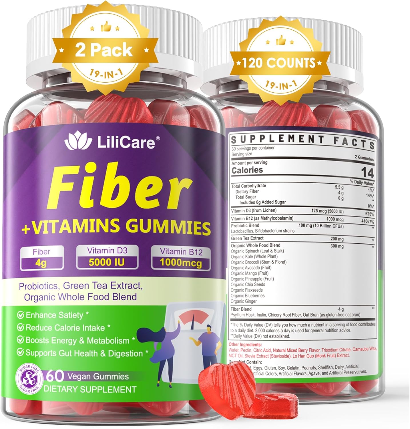 Sugar-Free Probiotic Fiber Gummies for Adults with Psyllium Husk, Vitamin B12, and D3 - 120 Count for Metabolism and Digestive Health