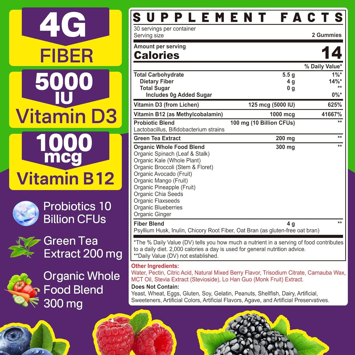 Sugar-Free Probiotic Fiber Gummies for Adults with Psyllium Husk, Vitamin B12, and D3 - 120 Count for Metabolism and Digestive Health