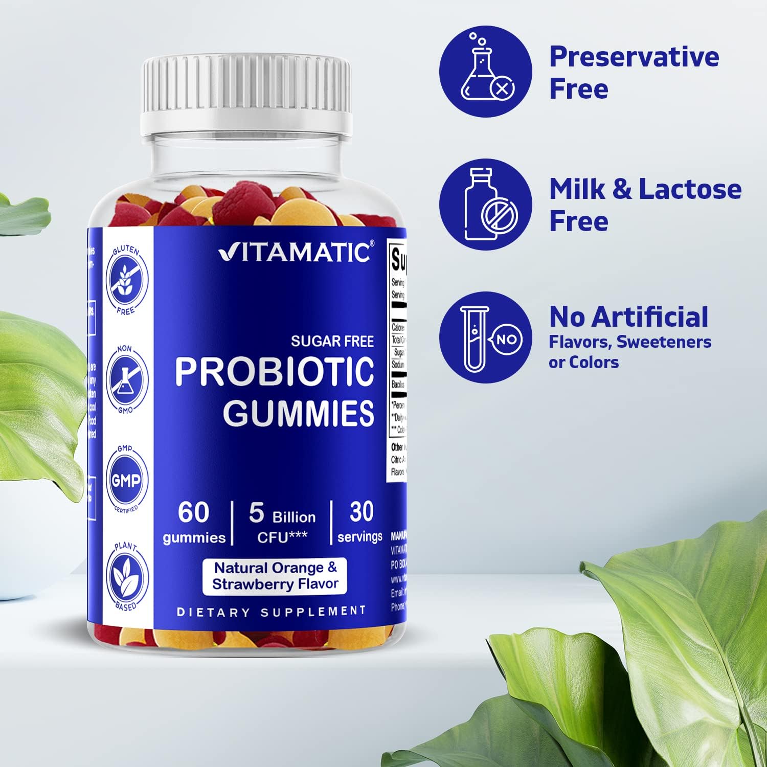 Sugar-Free Probiotic Gummies for Men and Women - 5 Billion CFUs - Supports Digestive, Immune, and Gut Health - Gluten-Free