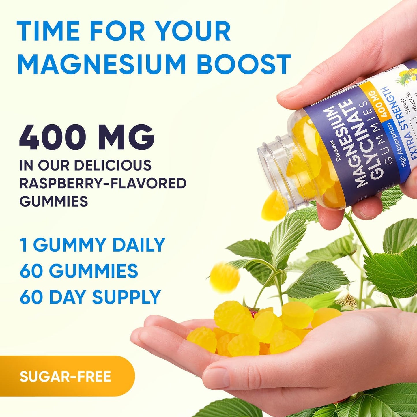 Sugar-Free Purawex Magnesium Glycinate Gummies 400mg - High Absorption Vegan Supplement for Adults & Kids - Non GMO - 60 Day Supply, Pineapple Flavor