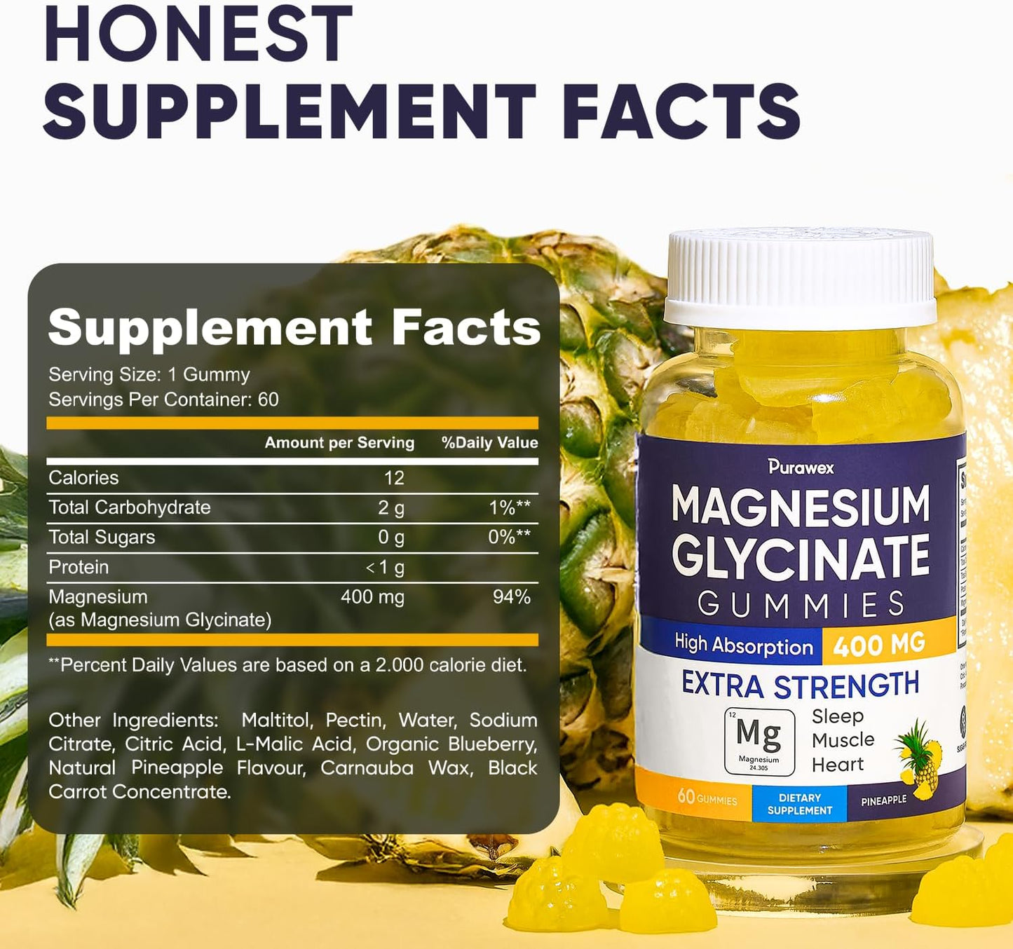 Sugar-Free Purawex Magnesium Glycinate Gummies 400mg - High Absorption Vegan Supplement for Adults & Kids - Non GMO - 60 Day Supply, Pineapple Flavor