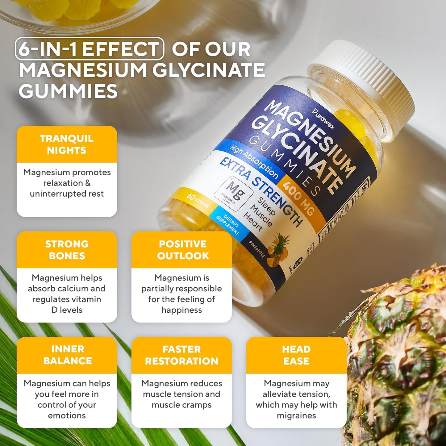 Sugar-Free Purawex Magnesium Glycinate Gummies 400mg - High Absorption Vegan Supplement for Adults & Kids - Non GMO - 60 Day Supply, Pineapple Flavor