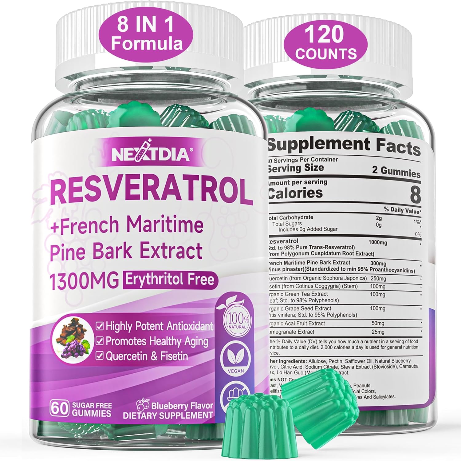 Sugar-Free Resveratrol Gummies with Pine Bark Extract, Quercetin, Fisetin & Grape Seed - 120 Count
