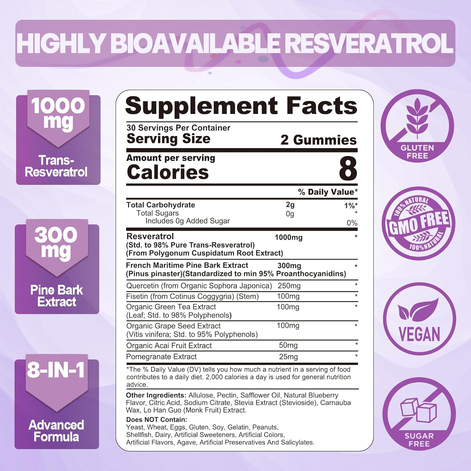 Sugar-Free Resveratrol Gummies with Pine Bark Extract, Quercetin, Fisetin & Grape Seed - 120 Count