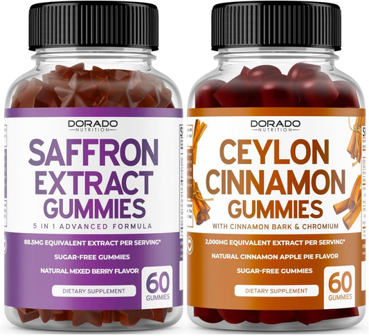 Sugar-Free Saffron Gummies & Ceylon Cinnamon Gummies Combo Pack - 120 Gummies, 5 in 1 Advanced Formula, 2,000mg