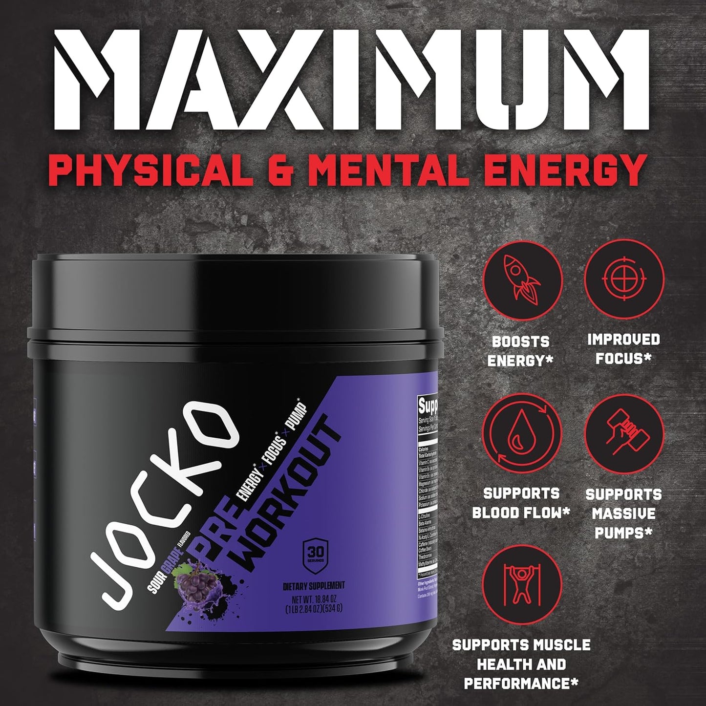 Sugar-Free Sour Grape Pre-Workout Powder - High-Stim Nootropic Blend for Energy, Muscle Pump & Recovery - 200mg Caffeine - Men & Women's Energy Drink