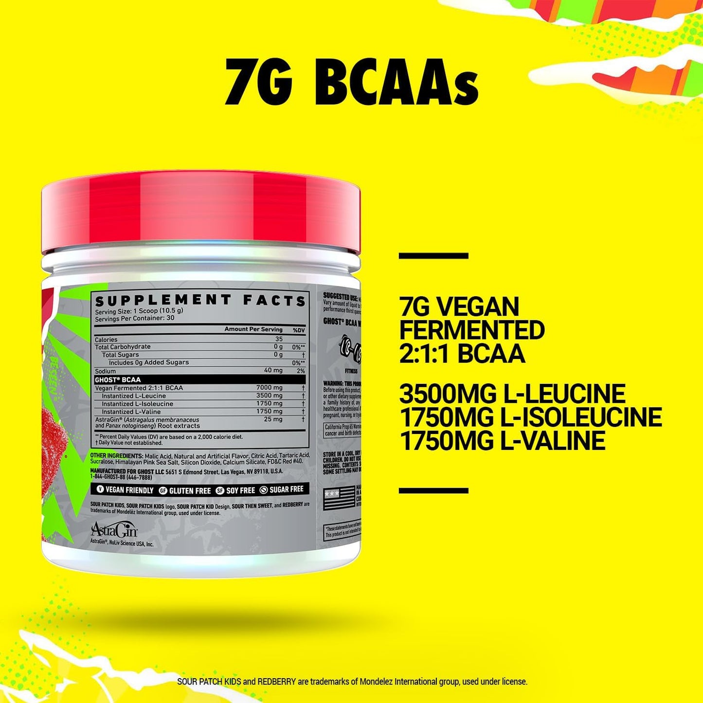 Sugar-Free Sour Patch Kids Redberry BCAA Powder - 30 Servings, 7G BCAA, Intra, Post & Pre Workout Recovery Drink