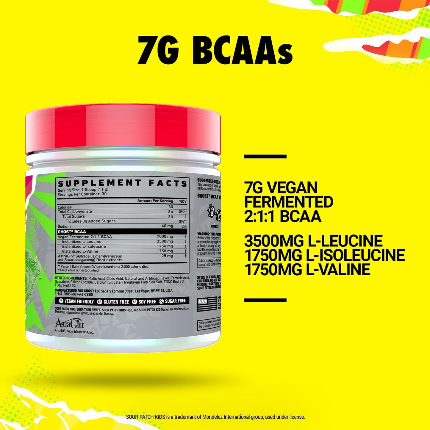 Sugar-Free Sour Patch Kids Watermelon BCAA Powder - 30 Servings, 7G BCAA, Intra & Post Workout Recovery Drink