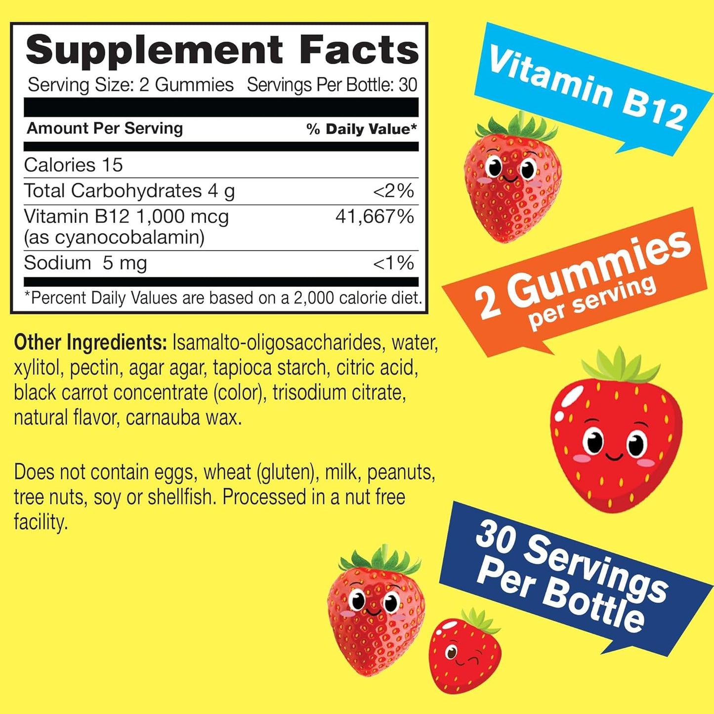 Sugar-Free Strawberry Flavored Kid's Vitamin B12 Gummies - 1000mcg, 60 Count - Energy & Metabolism Support Dietary Supplement