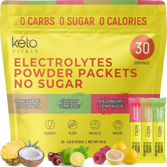 Sugar-Free Tropical Keto Electrolyte Powder Packets - Hydration & Electrolyte Drink Mix with Potassium, Magnesium, Sodium, & Calcium - 30 Servings