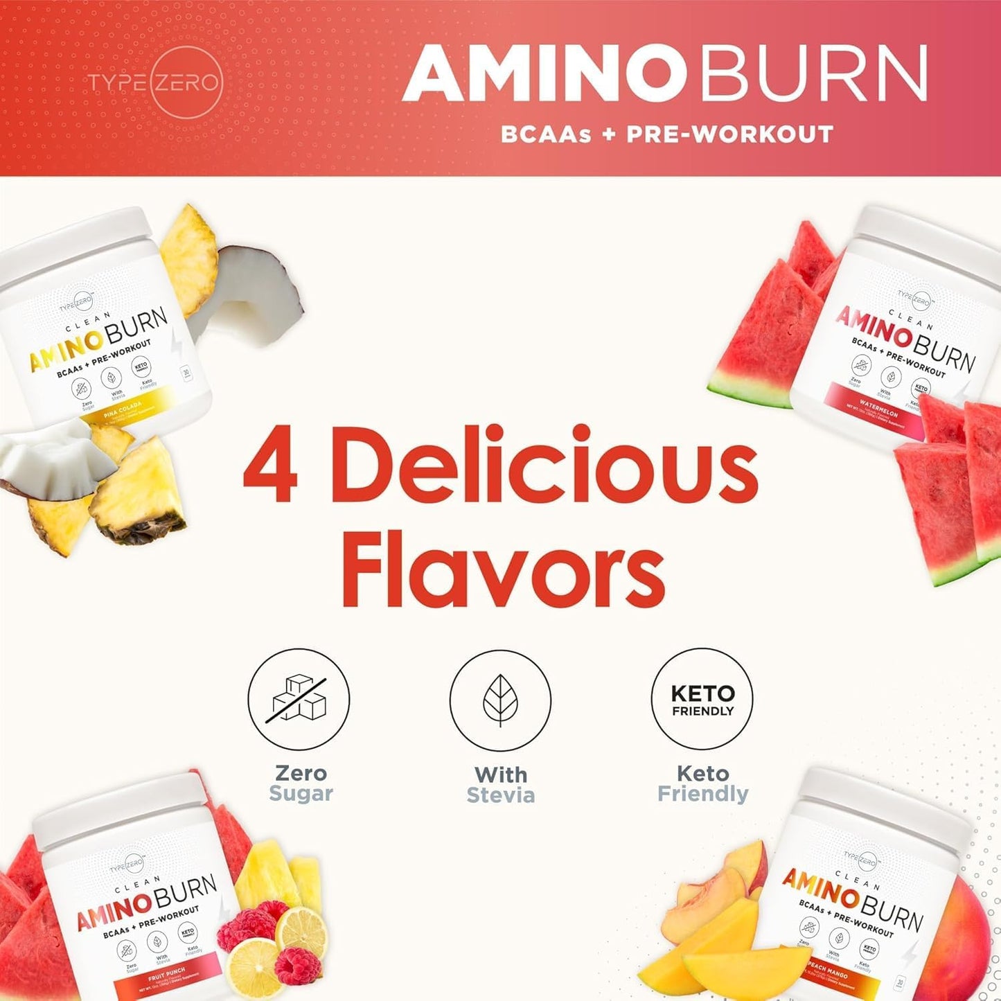 Sugar-Free Type Zero AminoBurn Tropical Punch BCAA Supplement - 30 Servings | Natural Pre/Post Workout Keto Drink