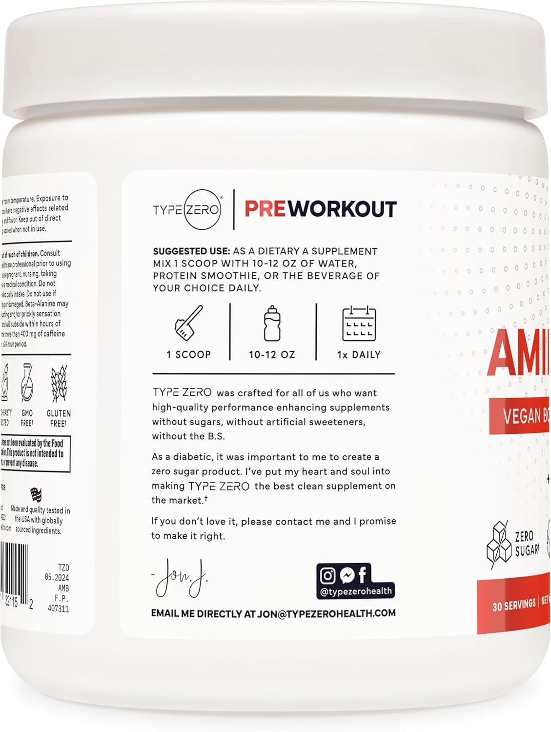Sugar-Free Type Zero AminoBurn Tropical Punch BCAA Supplement - 30 Servings | Natural Pre/Post Workout Keto Drink