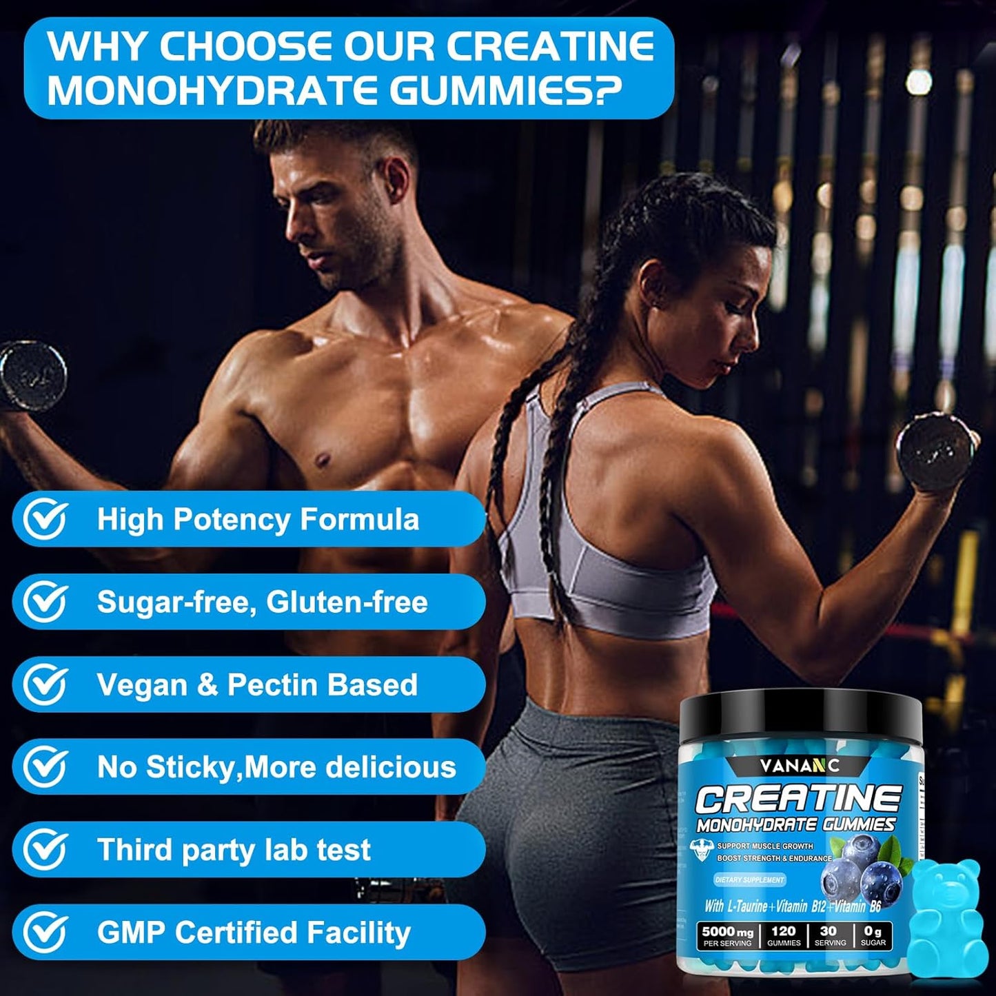 Sugar Free Vananc Creatine Monohydrate Gummies 5000g for Men and Women - Pre-Workout Supplement with L-Taurine, Vitamins - Muscle Strength, Energy, and Endurance Boost - Blueberry Flavor - 120 Gummies
