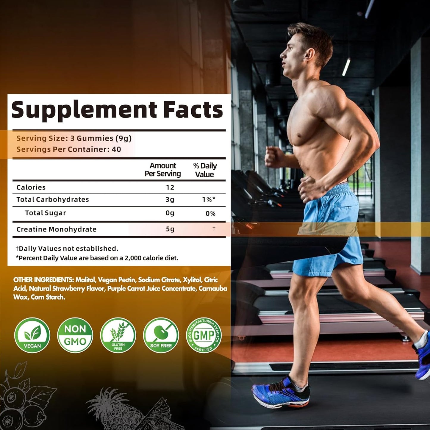 Sugar Free Vegan Blueberry Pineapple Flavored Creatine Gummies - 5g Creatine Monohydrate per Serving - 120 Count for Men and Women by Nutravita