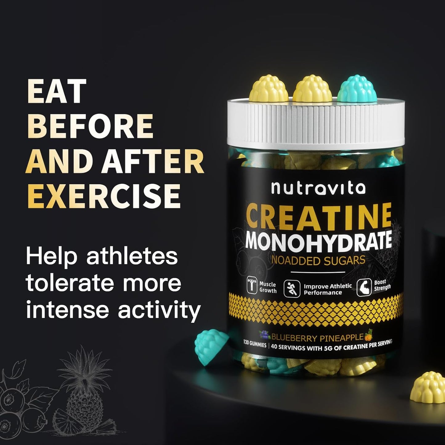 Sugar Free Vegan Blueberry Pineapple Flavored Creatine Gummies - 5g Creatine Monohydrate per Serving - 120 Count for Men and Women by Nutravita